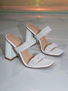 Rhinestone Sequin Double Strap Square Toe Chunky Heel Slide Sandals, Bridal Wedding Party Date Casual High Heel Slippers For Women - White - View 2