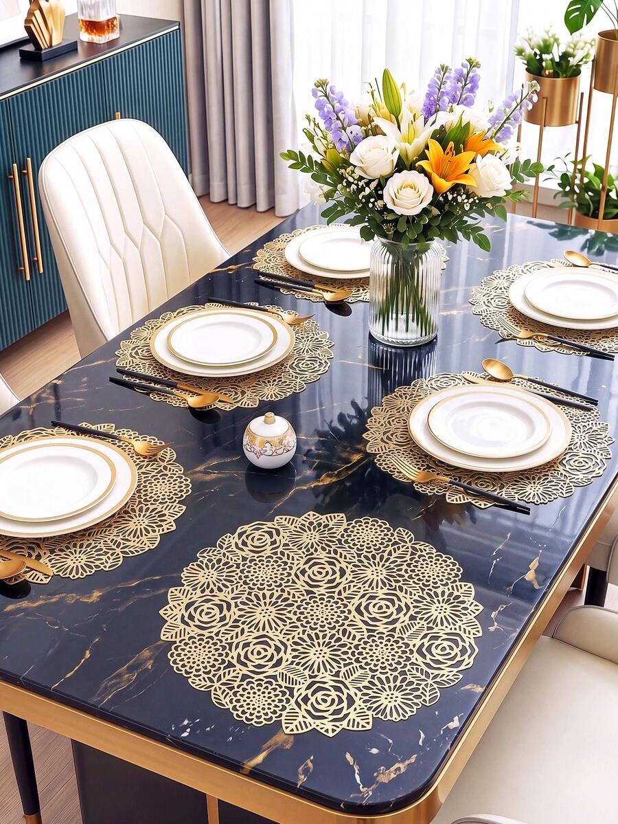 12pcs Gold Flower Round Placemats 15inch, PVC Material 3.94inch Round Hollow Rose Coasters, Washable, Easy To Clean, Wipe-Able, Non-Slip, Heat-Resistant, For Room Decor, Dining Table Decor, Home Decor, Suitable For Holidays, Parties, Birthdays, Weddings And Dinners