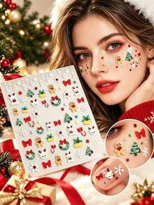 1pc Christmas Holiday Face Sticker Set With Tweezers, Classic Red & Green Christmas Element Face Stickers With Adhesive Backing, Gingerbread Man, Deer, Christmas Tree, Christmas Wreath With Snowflakes And Bows, Suitable For Christmas Market - Multicolor - View 1
