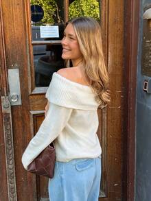 Fall Winter Off Shoulder Foldover Collar Long Sleeve Rib Knit Sweater Soft Slouchy Cream White Pullover Top For Daily Casual Going Out Elegant Chic - White - View 11