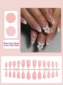 24pcs Medium Almond Shape Press-On Nails, White French Tip With 3D Bow, Silver Heart And Pearl Design, Gentle Fairy Style Autumn Nails, Suitable For Girls And Women For Daily Wear In Autumn/Winter, Includes Jelly Glue And Nail File - Pink - View 2