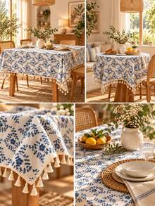 1pc Blue Floral Tassel Tablecloth, Linen Texture Country Style Dining Tablecloth, French Pastoral Home Decor Tablecloth - Blue - View 9