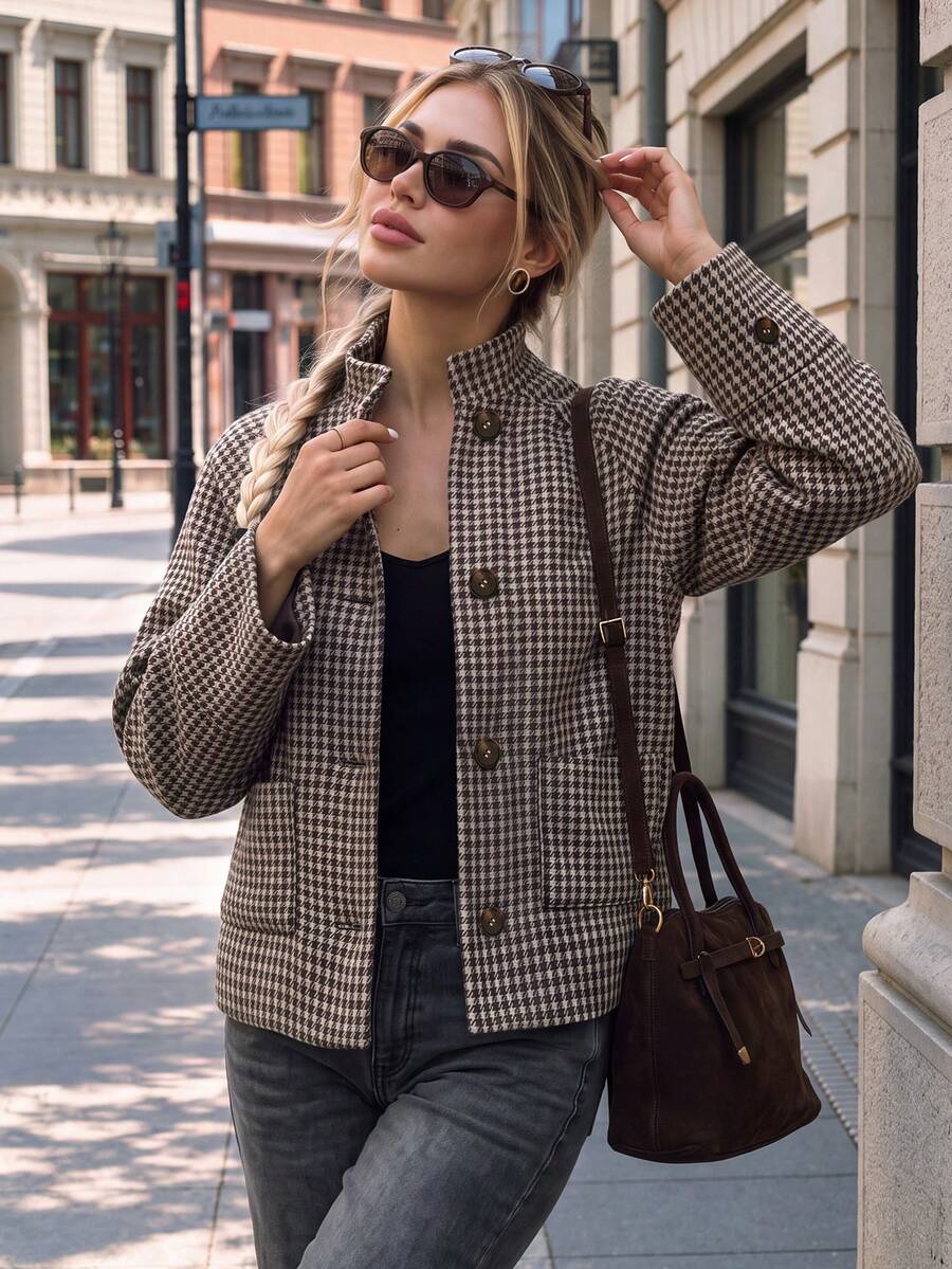 Women Fall Winter Houndstooth Stand Collar Long Sleeve Short Jacket,Button Front With Pockets, Chic Elegant Outerwear For New Year,Daily Dating,Office - Brown - View 1