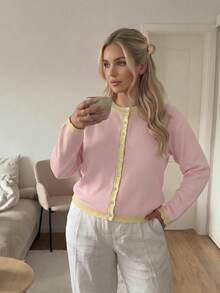 Plus Size Women's Autumn Outfit, Casual Pink Long Sleeve Cardigan Sweater, Yellow Ruffle Hem, Front Button Closure, Suitable For Back To School - Pink - View 2