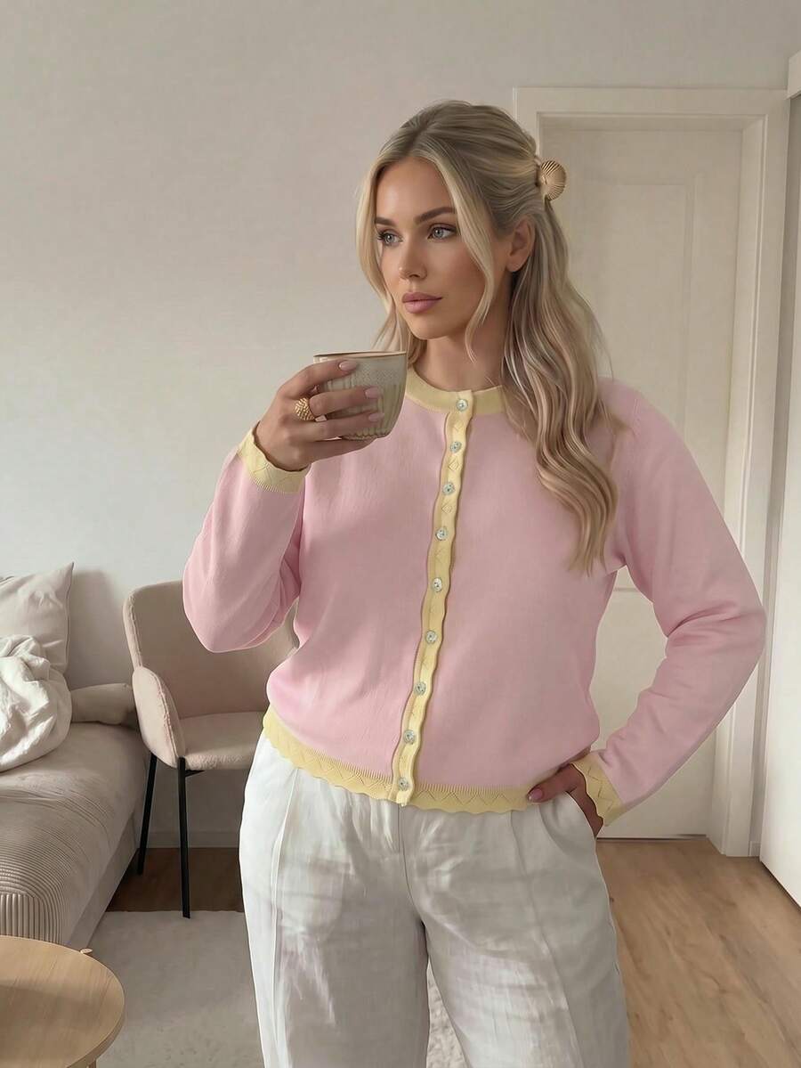 Plus Size Women's Autumn Outfit, Casual Pink Long Sleeve Cardigan Sweater, Yellow Ruffle Hem, Front Button Closure, Suitable For Back To School