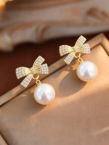 1 Pair Vintage Bow Pearl Earrings For Women, Sweet Minimalist Design Dangle Earrings, Fashionable Versatile Ear Jewelry Suitable For Daily Wear And Festivals - Gold - View 1
