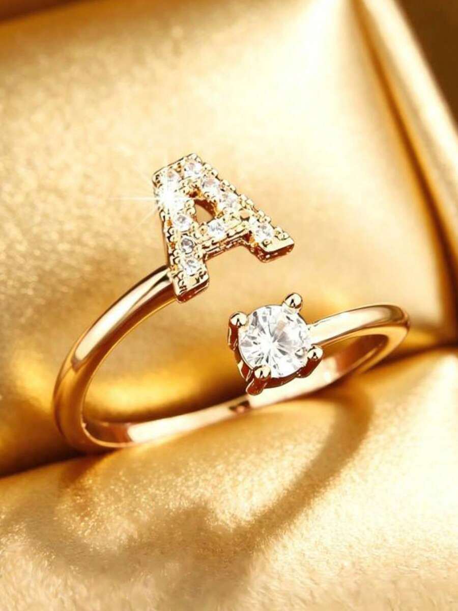 1pc Fashion Copper Plated Niche Luxury Inlaid Shiny Zirconia Ring, 26 Letter Design, Suitable For Women's Daily Wear Creative Minimalist Exquisite Finger Ring - Yellow Gold - View 1