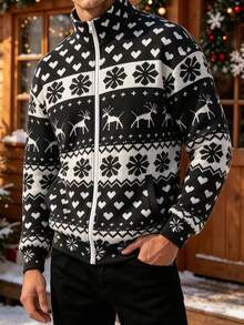 Men's Autumn/Winter Christmas Vintage Snowflake & Deer All-Over Print Zip-Up Jacket - Multicolor - View 2