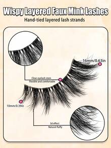 10 Pairs Lightweight Faux Mink False Eyelashes, Layered Handmade Strip Lashes, Transparent Invisible Lash Band, Soft Natural Style, Suitable For Women Beginners Daily, Christmas Party Eye Makeup - Black - View 3
