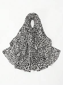 1件女款豹紋雪紡穆斯林長款頭巾，輕盈透氣披肩式頭巾 Tudung - 黑白 - 查看 11