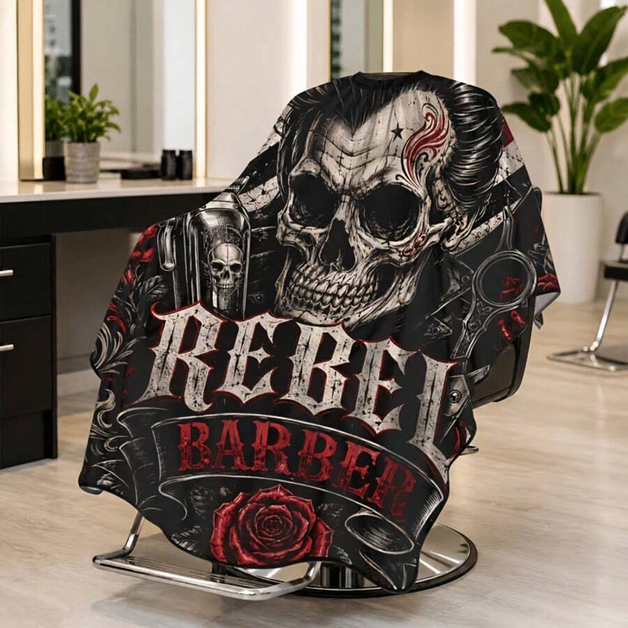 1pc Skull Rose Print Barber Cape, Gothic Personalized Hair Styling Costume, Dual-Use For Barber Shop And Home Haircutting - Multicolor - View 1