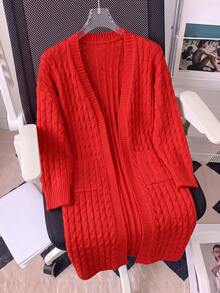 Women's Red Mid-Length Knit Cardigan, Long Sleeve With Pockets, Ribbed Cable Knit Design, Autumn/Winter Fashion Layering Essential - Red - View 5