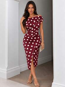 ChicMe Women's Polka Dot Print Asymmetric Neckline Ruched Fitted Dress, Elegant Wrap Slit Midi Dress, Sexy Cocktail Party Outfit - Rose Red - View 6