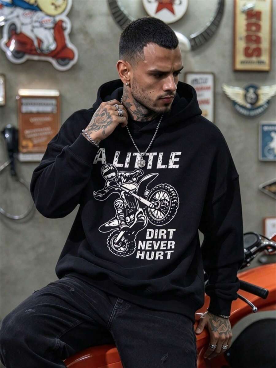 DOPE | American Vintage Off-Road Motorcycle Print Hoodie Men's Loose Fit Pullover Sweatshirt - Black - View 1