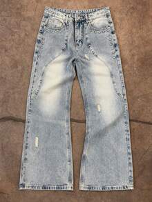 Men's Light Wash Flare Jeans, Studded Rivet Decor, Distressed Ripped Details, Curved Seam Panel, Vintage Streetwear Denim Trousers - Blue - View 7
