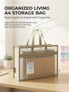 tonxiyuemu 1pc A4 Double Layer File Bag, Document Storage Organizer, Waterproof Mesh Bag With Handle, Suitable For Students And Office Workers, Multi-Functional Test Paper Bag, Large Capacity Folder - Single Piece - View 2