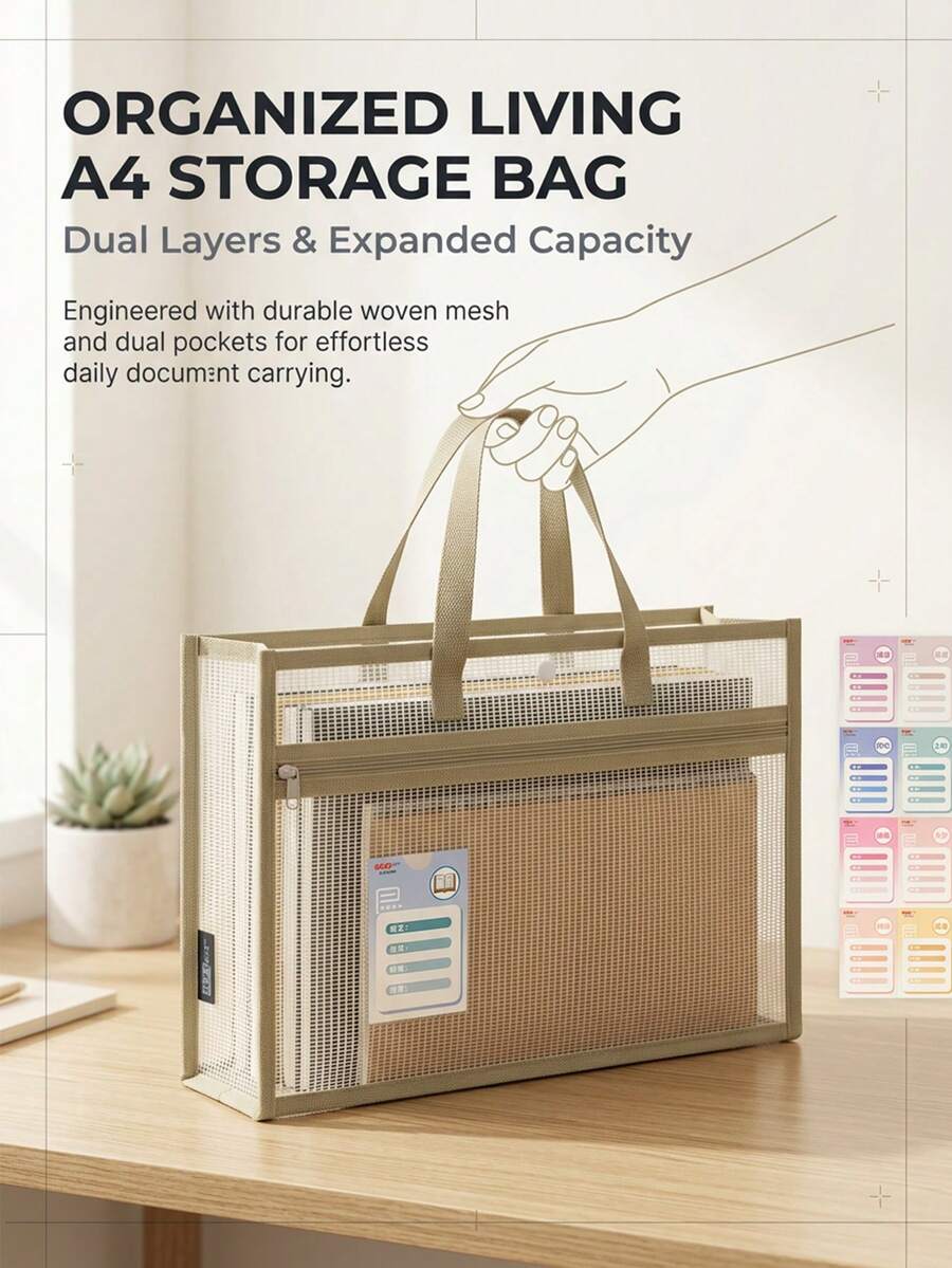 tonxiyuemu 1pc A4 Double Layer File Bag, Document Storage Organizer, Waterproof Mesh Bag With Handle, Suitable For Students And Office Workers, Multi-Functional Test Paper Bag, Large Capacity Folder