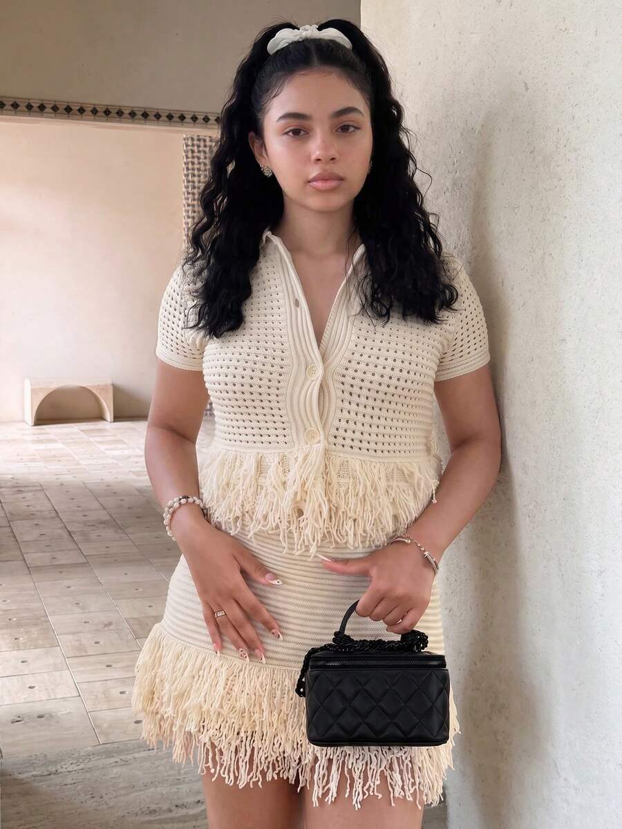Y2K Women's 2 Pieces Crochet Knit Set: Short Sleeve Button-Up Top + Frayed Hem Mini Skirt. Size Runs Large, Recommend Choosing One Size Down Elegant - White - View 1