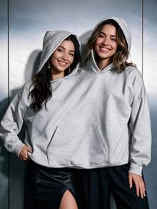 Best Friends & Couples Essential, Women's Couple Style Double Hood Oversized Long Sleeve Sweatshirt, Autumn/Winter Collection, Fun Winter Casual Fall - Light Grey - View 3