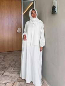 1件女款簡約日常禱告頭巾 (Abaya) - 白色 - 查看 4
