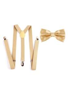 2pcs Men's Fashion Versatile Adjustable Solid Color Polyester Suspenders & Bright Polyester Bow Tie Set Suitable For Weddings, Ceremonies And Daily Wear - Khaki - View 2