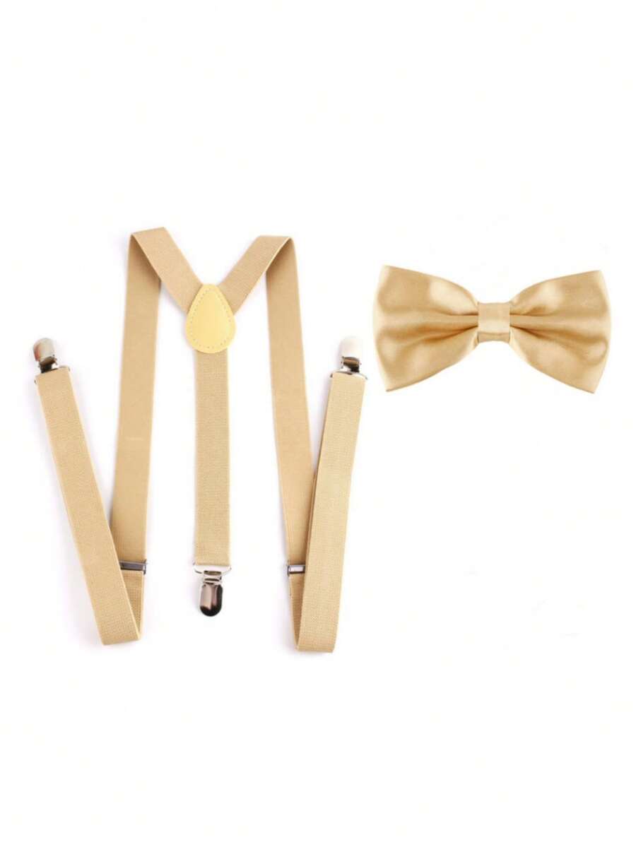 2pcs Men's Fashion Versatile Adjustable Solid Color Polyester Suspenders & Bright Polyester Bow Tie Set Suitable For Weddings, Ceremonies And Daily Wear