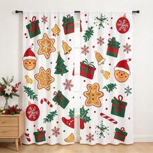 2pcs Christmas Gingerbread Man Curtains With Gingerbread, Gift Box, Bell And Snowflake Patterns, 2D Flat Print, Translucent, Pole Through Curtains - Multicolor - View 8