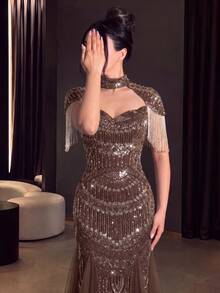 Stunning Mermaid Gown With Beaded Fringe Shawl, Open Back Lace-Up, Wavy Sequin Embroidery And Tulle Train, Suitable For Evening Party, Banquet And Ball - Brown - View 7
