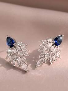 1pair Delicate Silver Plated Angel Wing Teardrop Blue Cubic Zirconia Design Earrings, Sparkly Bridal Jewelry For Wedding Banquet Party Dating & Gift - Blue - View 7