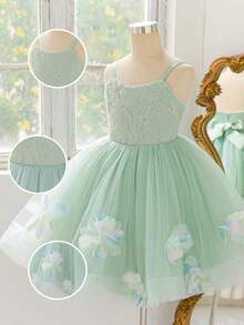 Tween Girls Spaghetti Strap 3D Colorful Floral Beaded Mesh Wedding Flower Girl Dress, Suitable For Graduation Prom, Vacation, Graduation Season, Knee-Length Princess Dress - Green - View 9