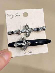 2PCS Sweet Cool Style Cross Hair Clips Side Bang Clips Niche Design Exquisite Rhinestone Heart Alligator Hair Clips For Women - Multicolor - View 8