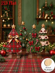 2D Flat 4-Piece Vintage Wooden Christmas Tree Desktop Ornament Set, Easily Create A Warm And Healing Winter Christmas Scene, Holiday Atmosphere Decoration Scene Arrangement, Suitable For Dining Table, Windowsill, Entryway, Christmas New Year Home Decor Gift - Multiple Styles - View 6