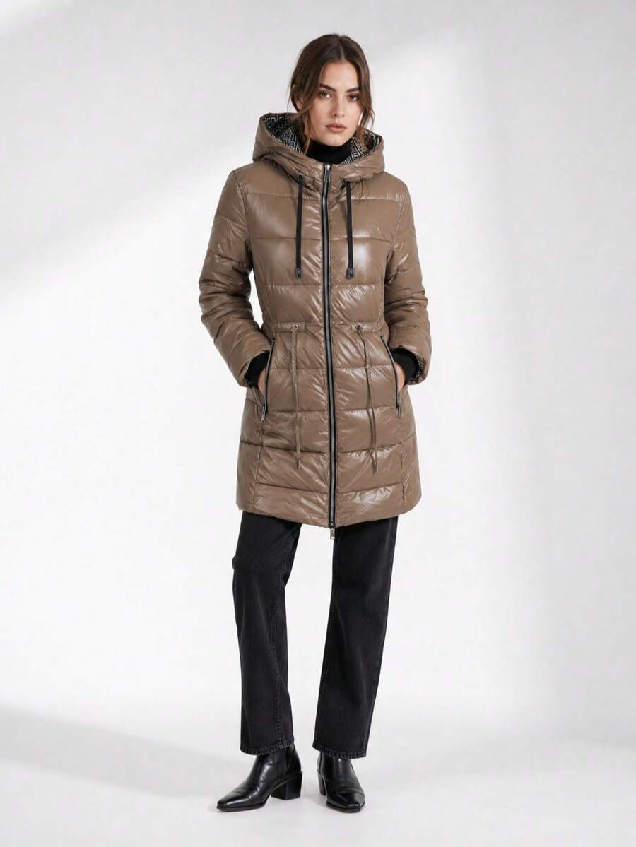 Women's Metallic Winter Puffer Jacket, Fixed Hood, Synthetic Down, Hidden Cuffs, Two-Way Zip, Adjustable Waist, 2 Pockets, Mid-Thigh - Beige - View 1