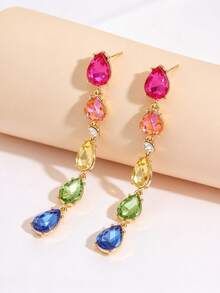1 Pair New Fashion Colorful Rhinestone Long Water Drop Tassel Earrings, Unique Exquisite High-End Versatile Earrings For Women, Suitable For Daily Wear, Party, Wedding - Earring - View 3