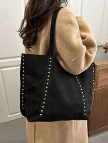 Yogodlns Large Capacity Suede Tote Bag With Rivet Decor Textured Handbag, Commuter Shoulder Bag, Casual Winter Underarm Bag - Black - View 5