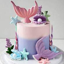 8pcs Purple Mermaid Cake Decoration Set, Including Shells, Mermaid Tails, Starfish Decorations, Will Bring Unparalleled Joy And The Most Beautiful Moments To Your Family And Friends. Bring Dreamy And Beautiful Decorations To Your Party. (Please Use With Tray And White Sticks) - Multicolor - View 5