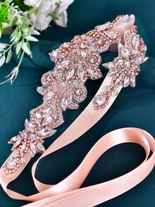 1pc Handmade Bridal Belt, French Wedding Dress Waistband, Women's Sparkling Rhinestone Belt, Evening Gown Accessory - Retro Pink - View 9