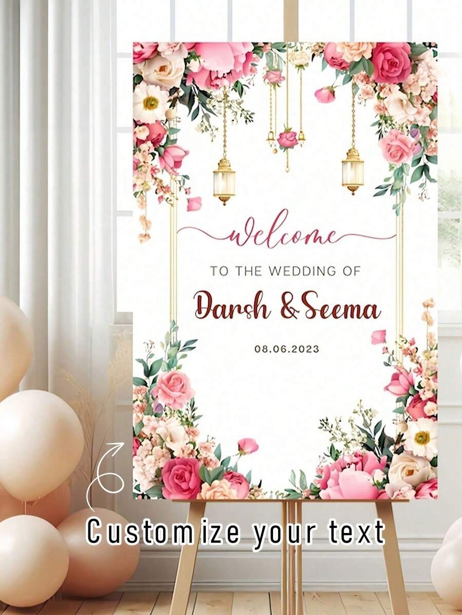 Customizable Name Wedding Welcome Sign, PVC Pink Floral Royal Welcome Board, Engagement Party Decor Supplies, Bachelorette Party Welcome Sign For Wedding, Birthday, Valentine's Day - Multicolor - View 1