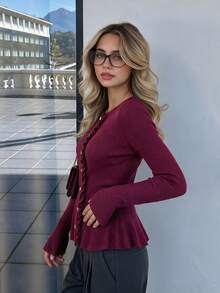 Women's Burgundy Ribbed Knit Cardigan, Round Neck Rufle Placket Gold Button Long Sleeve Peplum Sweater - Burgundy - View 2
