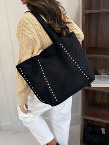 Yogodlns Large Capacity Suede Tote Bag With Rivet Decor Textured Handbag, Commuter Shoulder Bag, Casual Winter Underarm Bag - Black - View 3