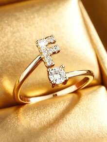 1pc Fashion Copper Plated Niche Luxury Inlaid Shiny Zirconia Ring, 26 Letter Design, Suitable For Women's Daily Wear Creative Minimalist Exquisite Finger Ring - Yellow Gold - View 13