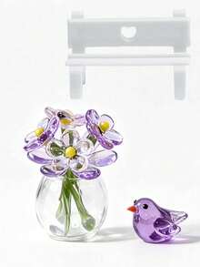 Handmade Mini Glass Bird & Flower Figurine Set, Tiny Art Glass Ornament With Mini Bench, Micro Landscape Decor For Desktop Shelf Terrarium, Ideal Collectible Gift For Craft Lovers & Home Decor Enthusiast - Multicolor - View 14