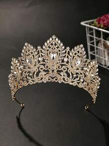 Luxury White Rhinestone Queen Crown, Baroque Gold Wedding Bridal Headpiece, Elegant Birthday Party Hair Accessory, Sparkling Pageant Headpiece - Gold - View 9