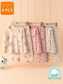 6pcs Girls' Cartoon Rabbit & Bear Print Long Sleeve Pajama Set, Lightweight Spring/Autumn Homewear - Multicolor - View 1