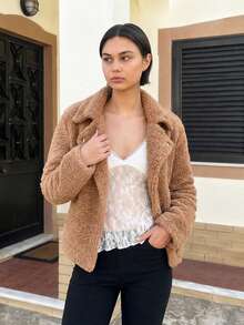 OUTTA BOX Women's Fashion Camel Teddy Fleece Motorcycle Jacket With Lapel, Asymmetric Zipper Pockets, Autumn/Winter Street Style Coat - Camel - View 4