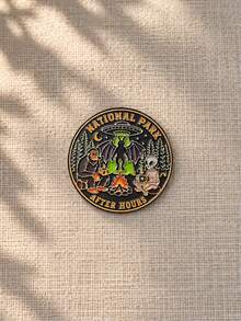 1pc Fun Camping Style Metal UFO Bigfoot Alien Bonfire English Lettering Round Brooch, Women's Daily Backpack Jacket Decoration Gift - Multicolor - View 6