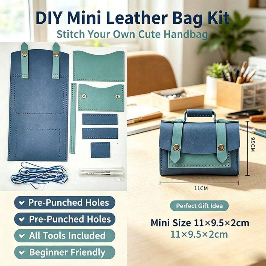 1 Set Handmade DIY Leather Wallet Bag Kit, Pre-Cut Pre-Punched Leather Pieces, Complete Sewing Supplies Included, Multi-Functional Small Bag For Earphone Case, Coin Purse, Card Holder, Decorative Bag Charm, Creative Handmade Kit, Perfect Gift For Valentine's Day, Christmas, Party, Beginner Sewing Material Pack, Not A Finished Product, Requires Manual Assembly