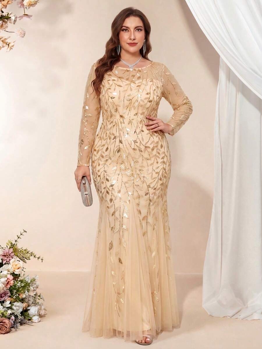 Plus Size Mermaid Embroidered Floral Sequin Formal Gown, Elegant Long Sleeve Formal Evening Wedding Guest Dress, Suitable For Graduation Ceremony, Gala, Seasonal Parties
