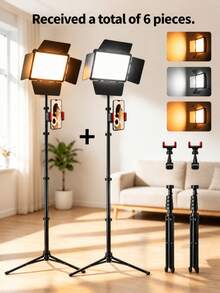 Two Pieces Set - 10-Inch LED Video Flat Panel Fill Light Kit, Studio Fill Light, Adjustable Brightness Photography Lighting Equipment, LED Fill Light With 4 Light Shields, Comes With A 52-Inch Tripod And Phone Holder, For Recording, Photography, Live Streaming, Game Streaming, Makeup, Parties And Gifts, Stabilizer Supports DIY, Compatible With All Mobile Phones And Cameras. - Black - View 1