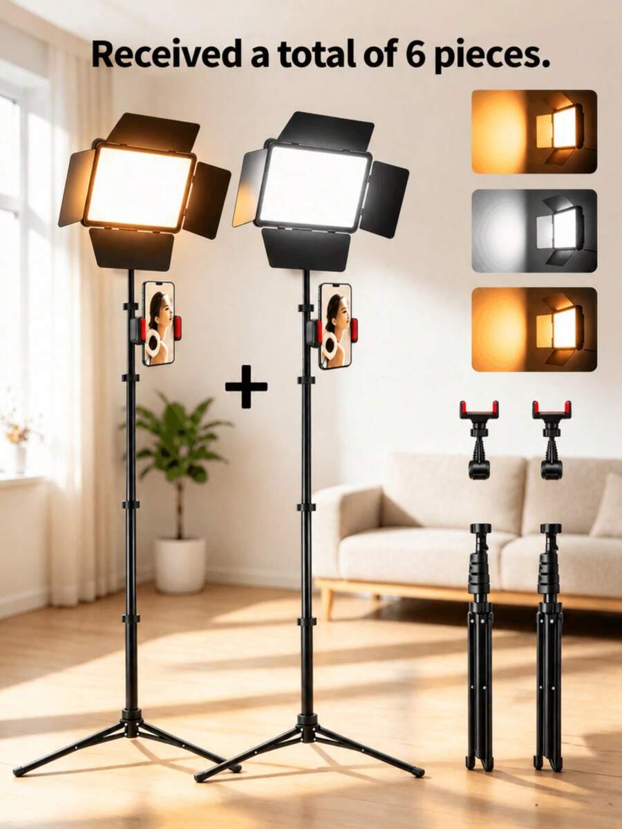 Two Pieces Set - 10-Inch LED Video Flat Panel Fill Light Kit, Studio Fill Light, Adjustable Brightness Photography Lighting Equipment, LED Fill Light With 4 Light Shields, Comes With A 52-Inch Tripod And Phone Holder, For Recording, Photography, Live Streaming, Game Streaming, Makeup, Parties And Gifts, Stabilizer Supports DIY, Compatible With All Mobile Phones And Cameras. - Black - View 1